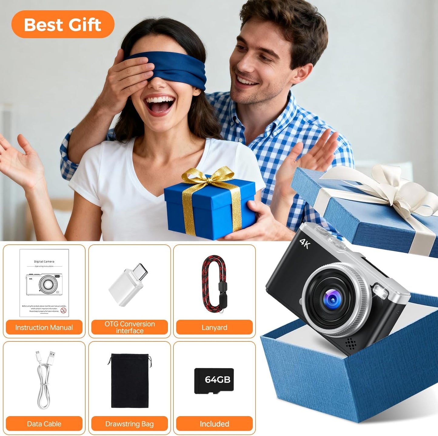 MaxMango 64MP Digital Camera with 180° Flip Screen Vlogging Camera