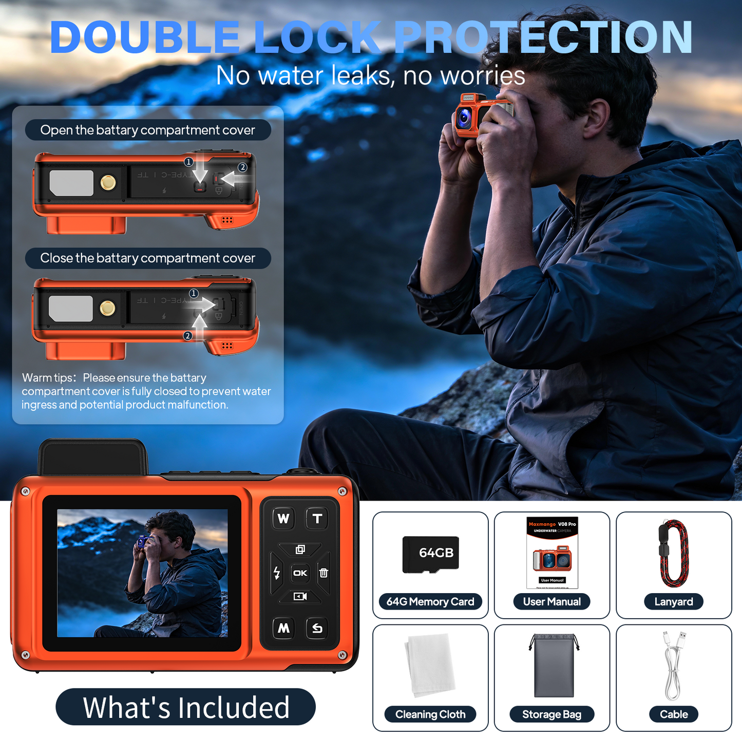 Maxmango V08Pro 8K WiFi 15m/49FT Underwater Digital Camera Dual-Screen Waterproof Camera