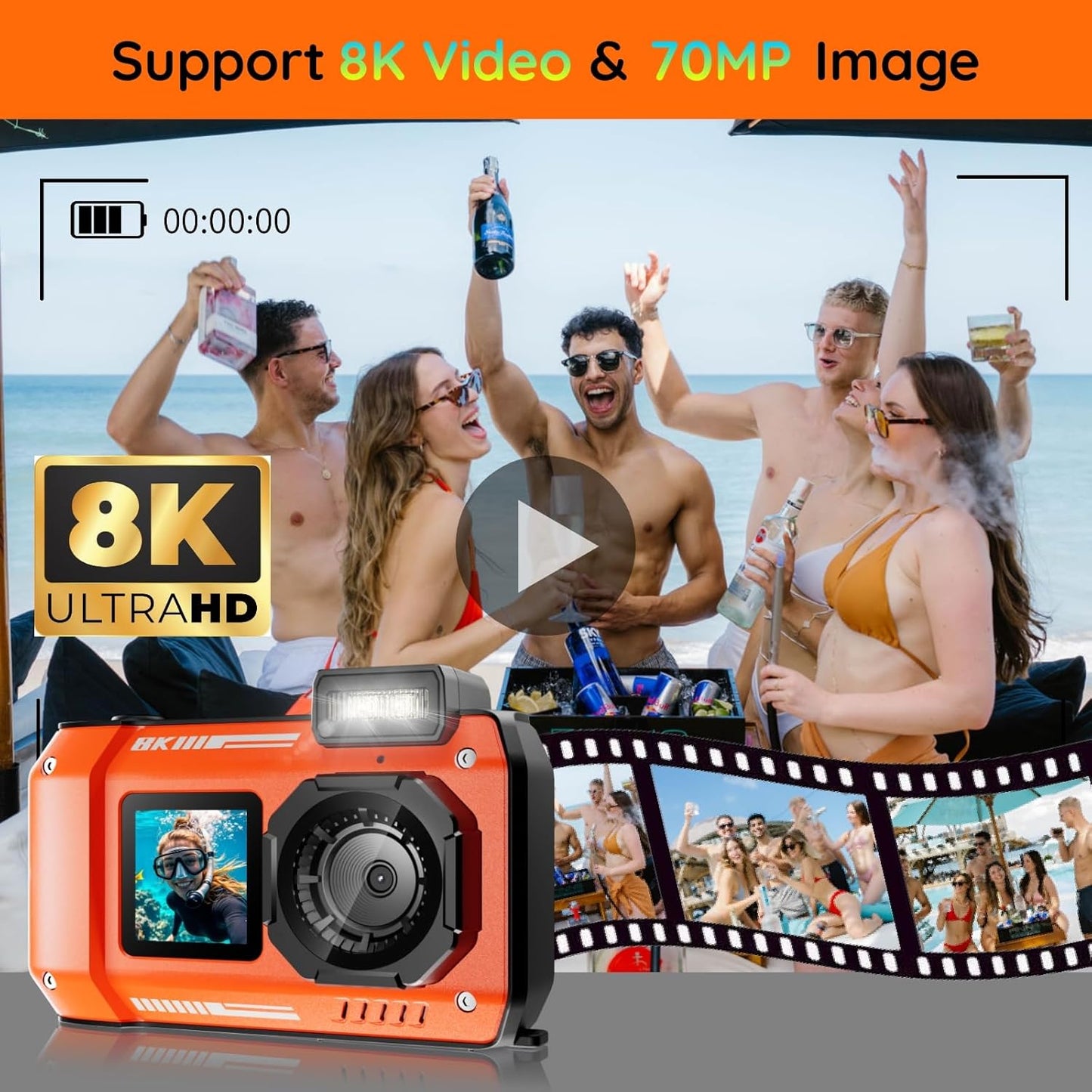 MaxMango 8K Underwater Digital Camera 70MP Dual-Screen Waterproof Camera